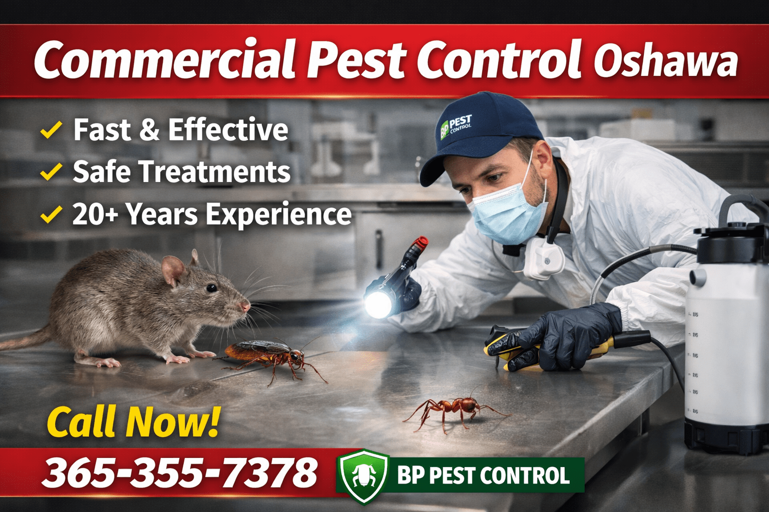 Commercial pest control Oshawa technician inspecting a restaurant kitchen for rats, cockroaches, and ants – BP Pest Control 5-star rated commercial pest control Oshawa service