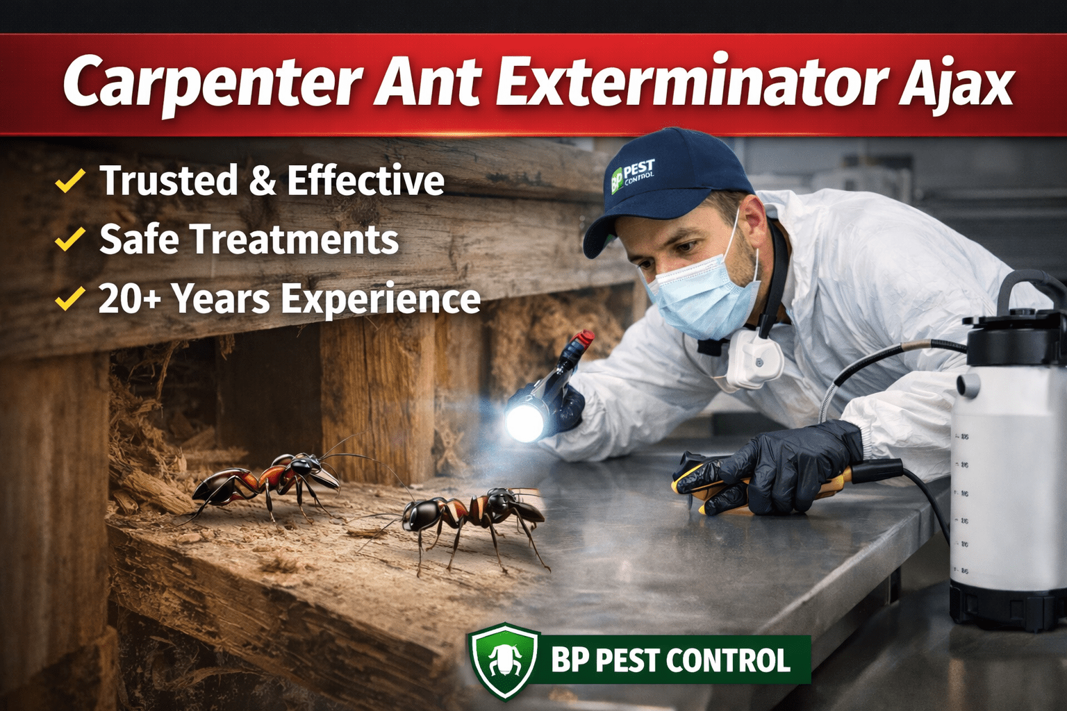 Carpenter ant exterminator Ajax technician inspecting wood damage caused by carpenter ants – BP Pest Control