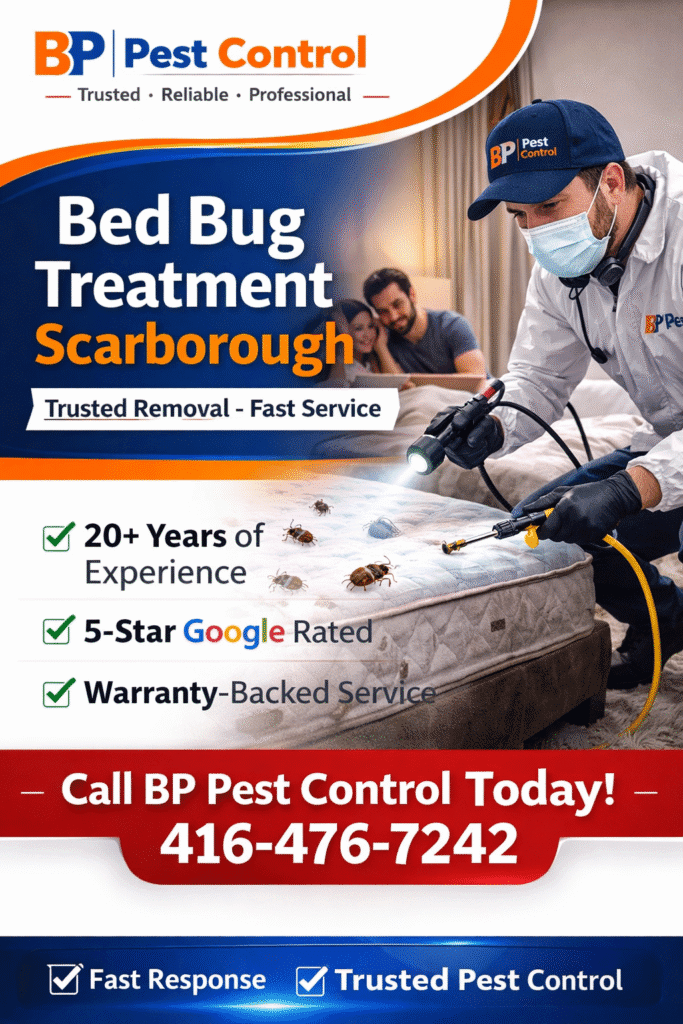 Bed bug treatment Scarborough by BP Pest Control with logo at top, technician inspecting mattress, 20+ years experience, 5-star rated, call 416-476-7242