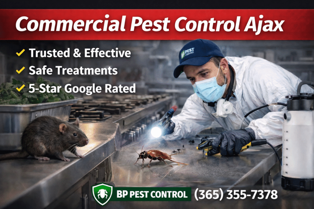 Commercial pest control Ajax technician inspecting kitchen for rodents and cockroaches BP Pest Control
