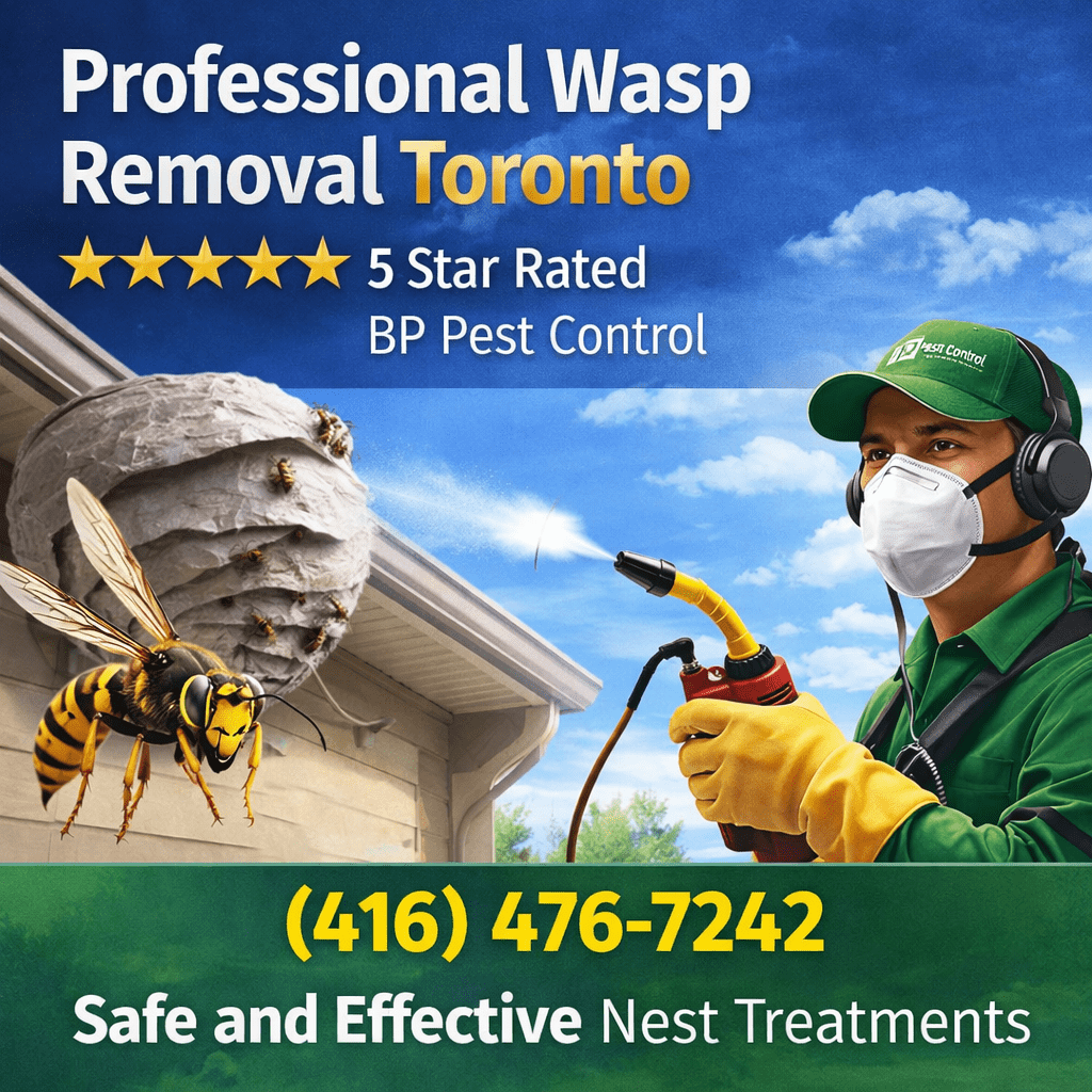 Wasp removal Toronto technician removing wasp nest from roof with professional pest control equipment