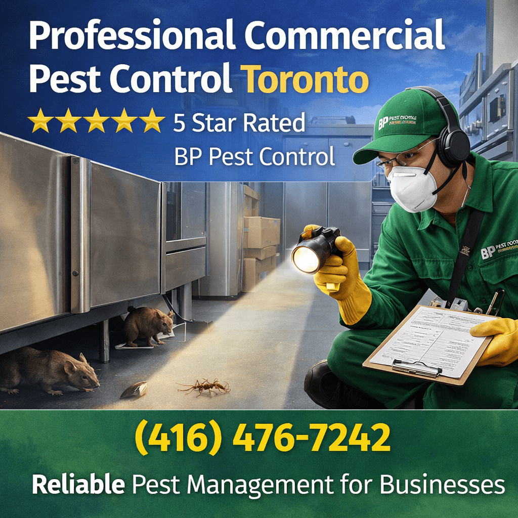 Commercial pest control Toronto technician inspecting commercial kitchen for rodents and pests