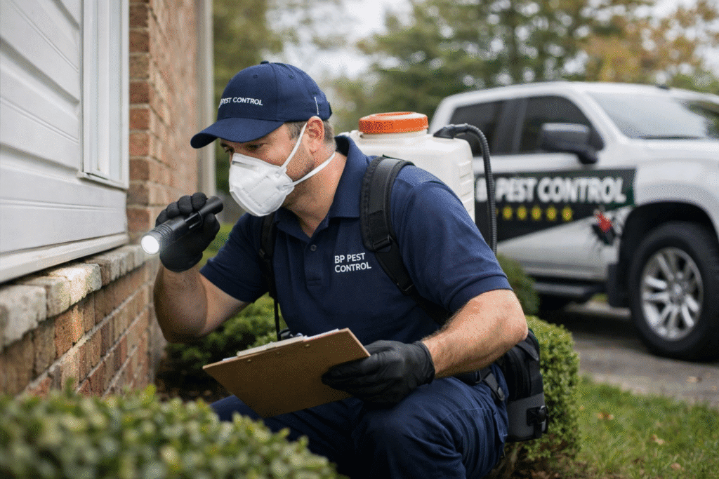 Pest control Whitby technician inspecting home exterior for pest entry points and activity