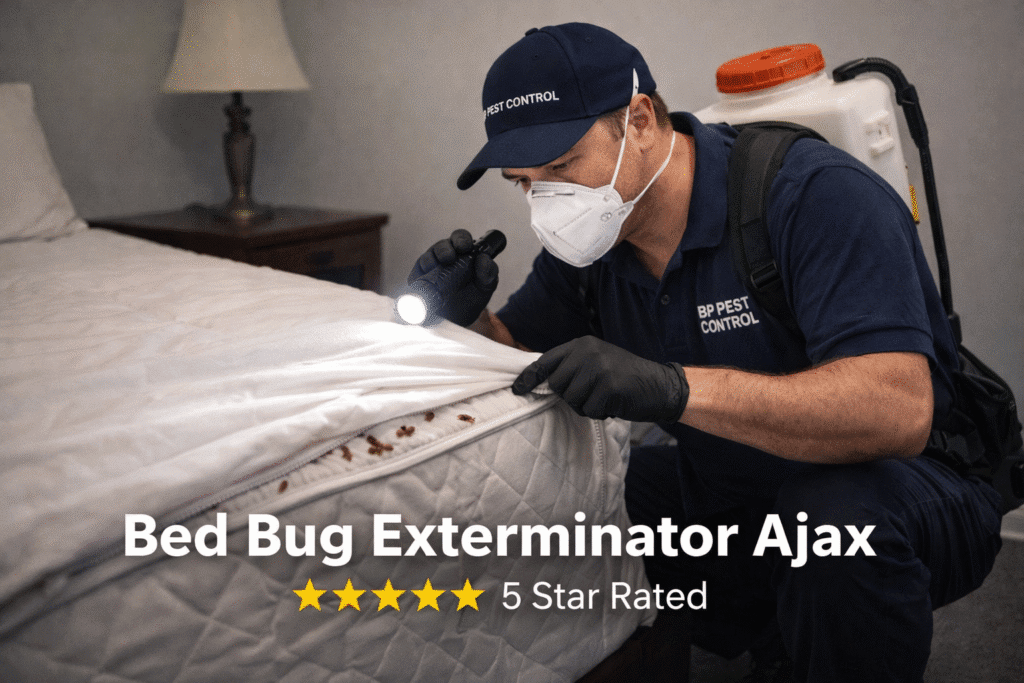 Bed bug exterminator Ajax technician inspecting mattress for bed bug infestation using professional equipment
