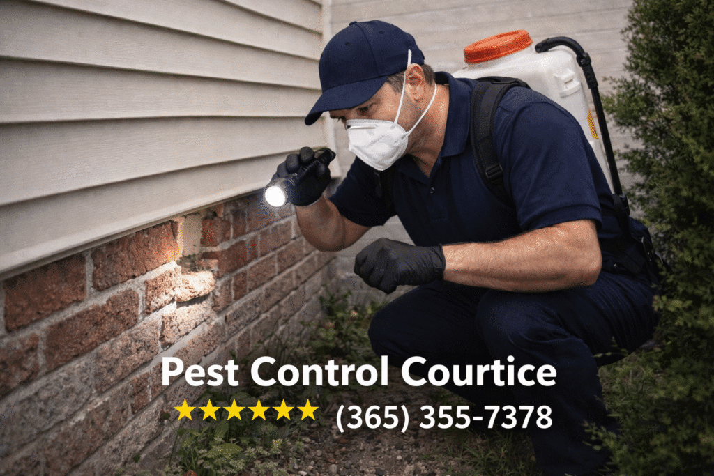 Pest control Courtice technician inspecting home exterior for pest entry points with service phone number displayed