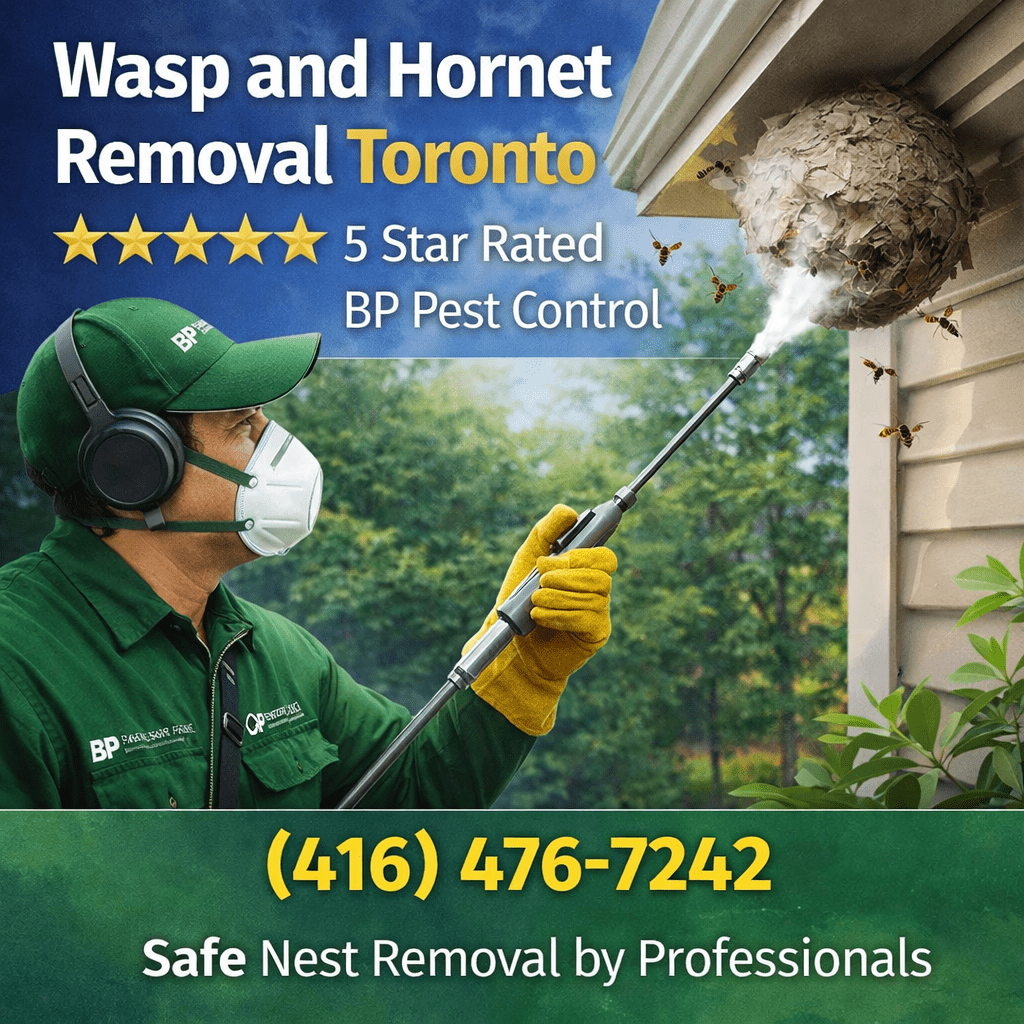 Wasp and hornet removal Toronto technician safely removing nest from roof using professional equipment