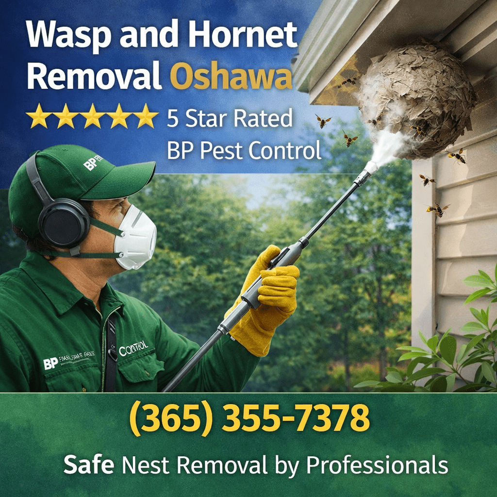 Wasp and hornet removal Oshawa technician removing nest from roof using professional pest control equipment