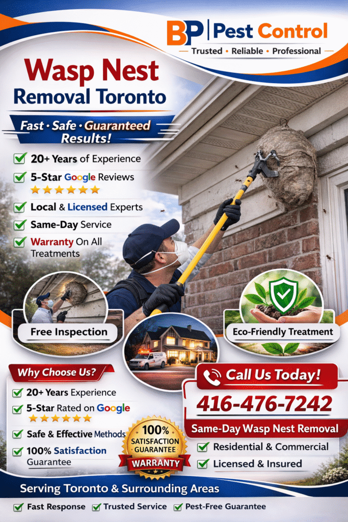 Wasp nest removal Toronto technician removing large wasp nest from roof with phone number 416-476-7242 displayed