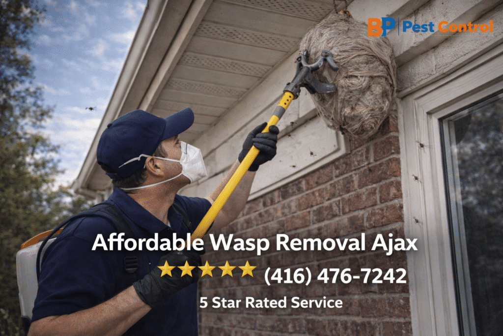 Affordable wasp removal Ajax technician removing wasp nest from roof exterior with phone number 416-476-7242 displayed