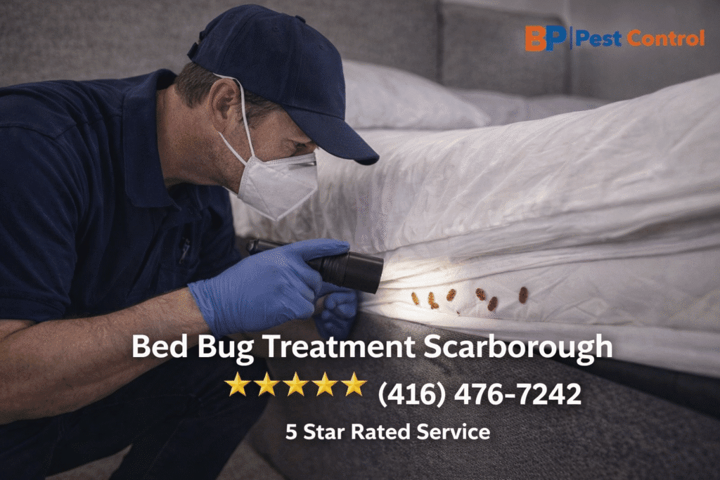 Bed bug treatment Scarborough technician inspecting mattress for bed bug infestation with phone number 416-476-7242 displayed