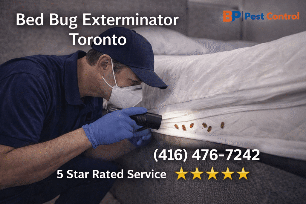 Bed bug exterminator Toronto technician inspecting mattress for bed bug infestation with phone number 416-476-7242 displayed