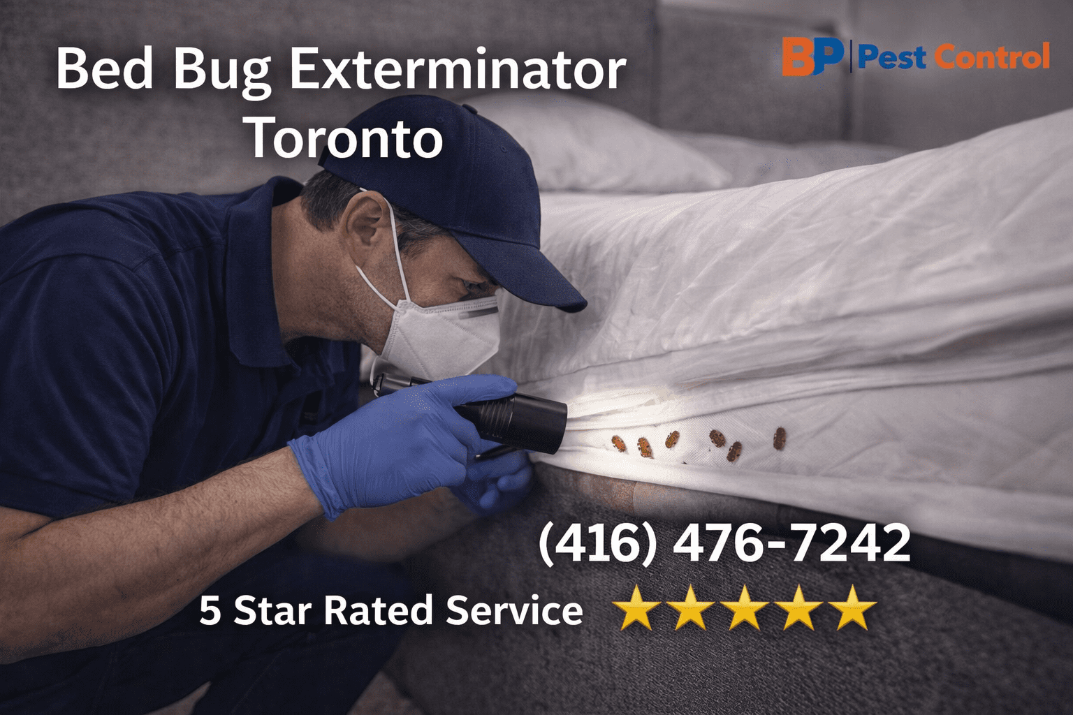 Bed bug exterminator Toronto technician inspecting mattress for bed bug infestation with phone number 416-476-7242 displayed