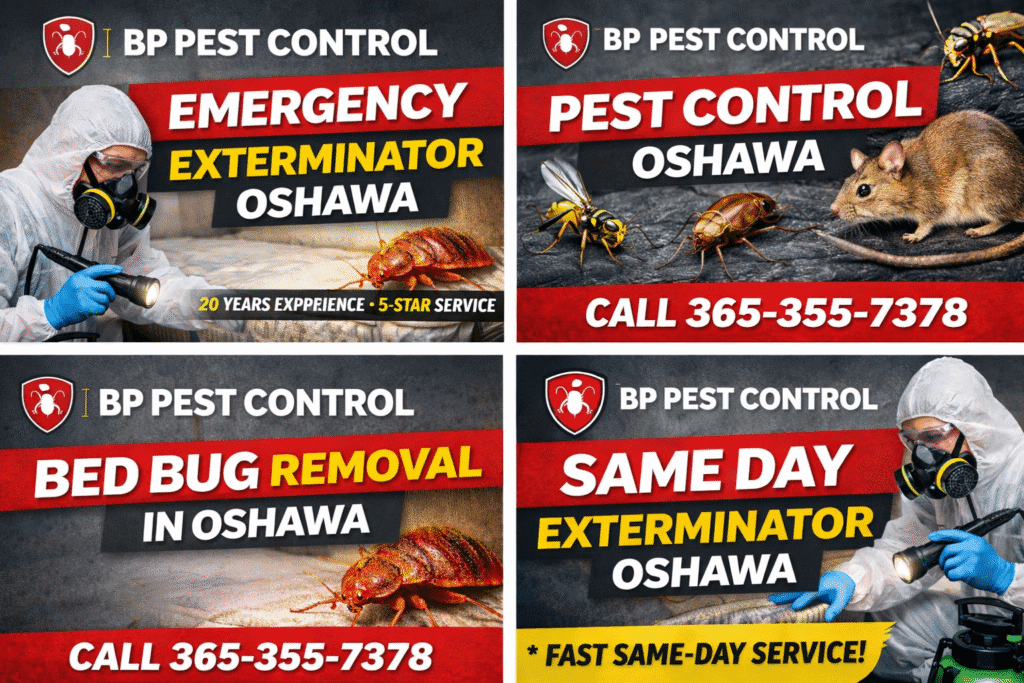 BP Pest Control promotional graphics showing Emergency Exterminator Oshawa, Pest Control Oshawa, Bed Bug Removal in Oshawa, and Same Day Exterminator services with logo and phone number 365-355-7378.