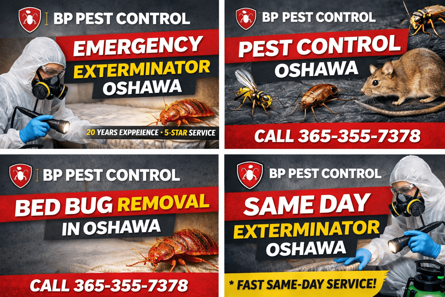 BP Pest Control promotional graphics showing Emergency Exterminator Oshawa, Pest Control Oshawa, Bed Bug Removal in Oshawa, and Same Day Exterminator services with logo and phone number 365-355-7378.