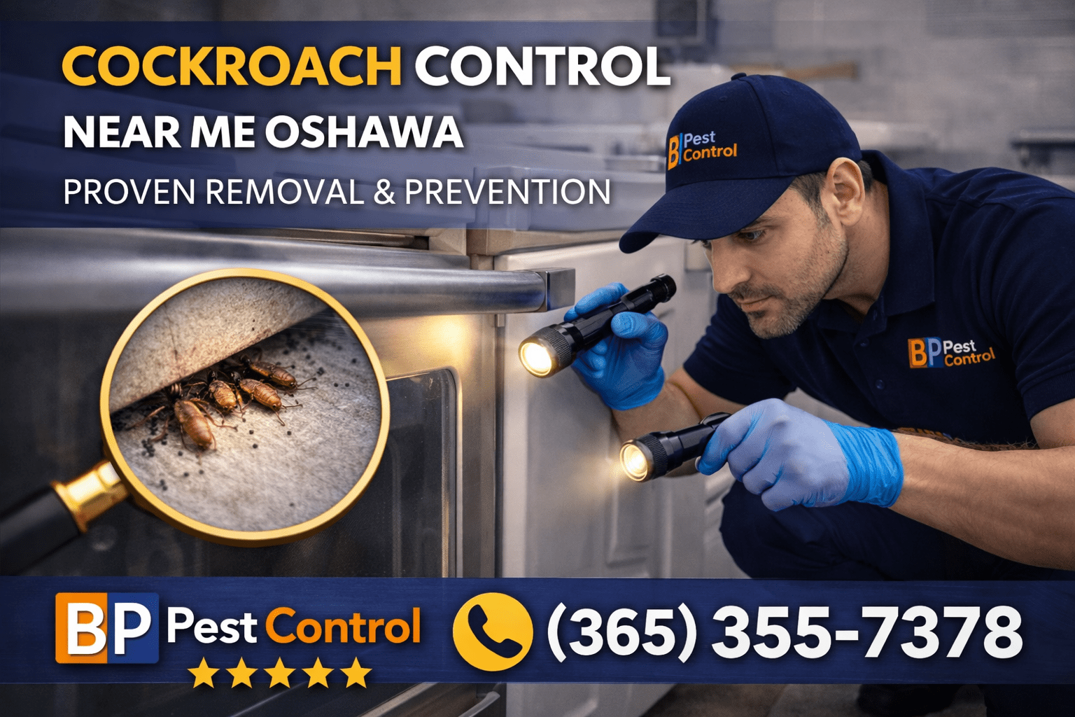 cockroach control near me Oshawa kitchen inspection service by BP Pest Control technician