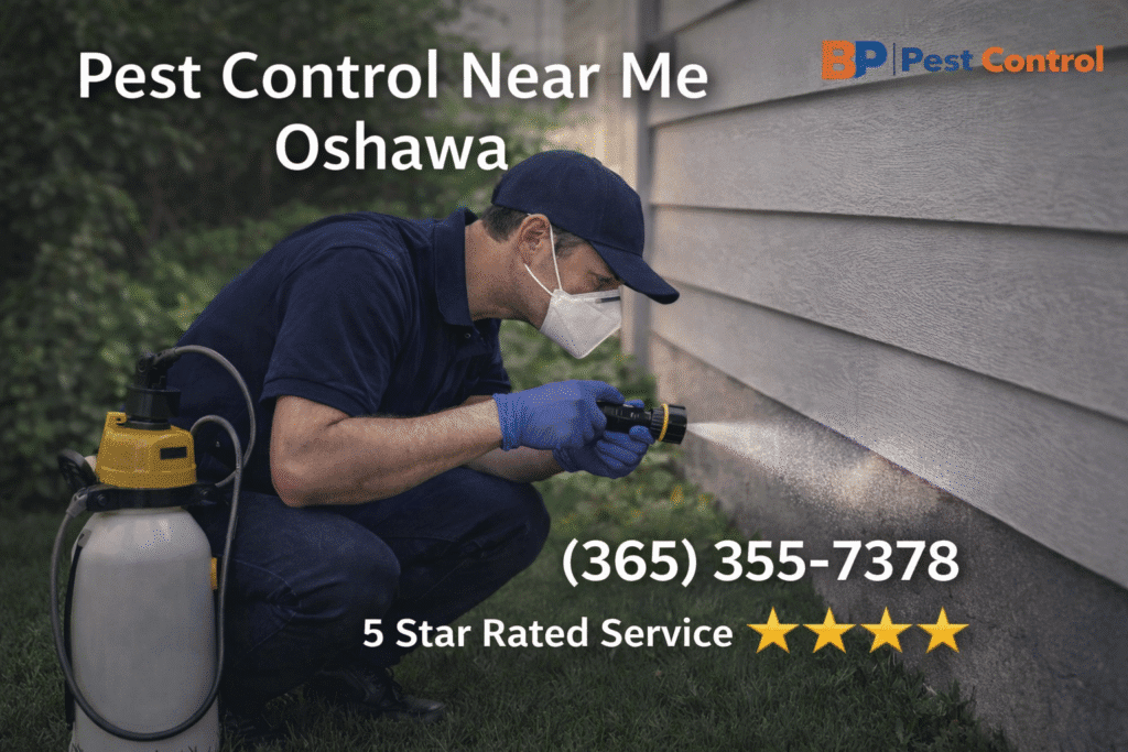Pest control technician spraying home exterior in Oshawa with BP Pest Control branding, promoting pest control near me Oshawa with phone number and 5-star rating.