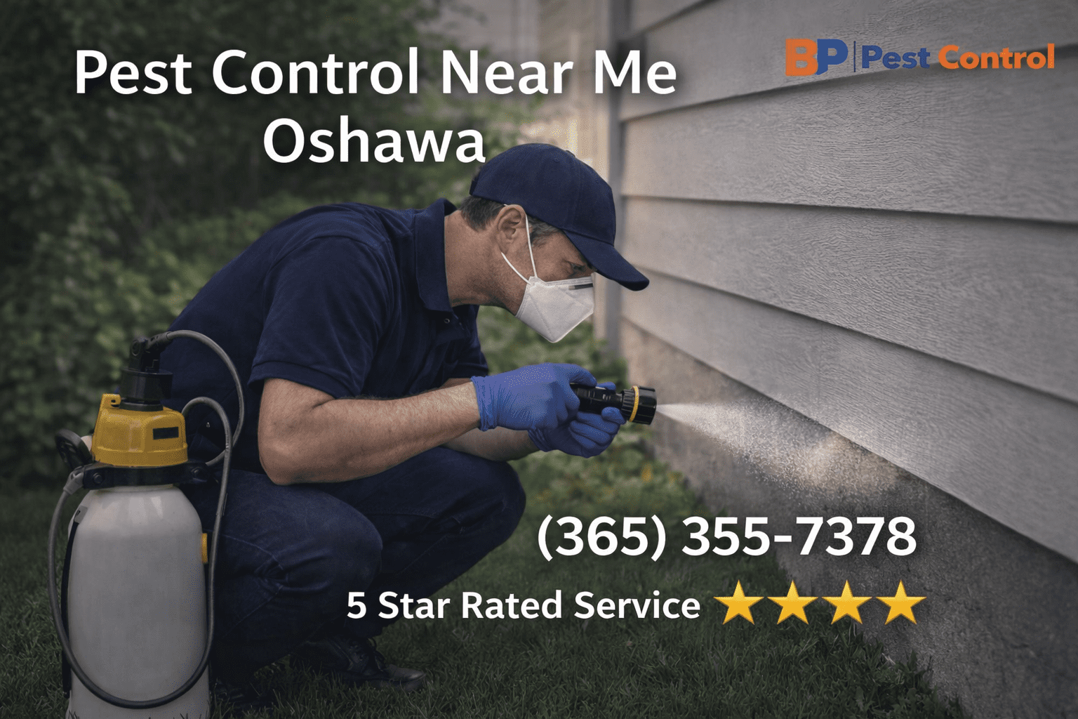 Pest control technician spraying home exterior in Oshawa with BP Pest Control branding, promoting pest control near me Oshawa with phone number and 5-star rating.