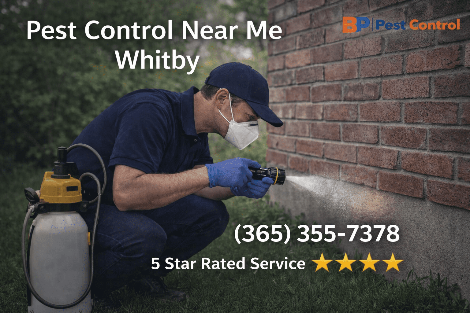 Pest control technician treating brick home exterior in Whitby with BP Pest Control branding, showing pest control near me Whitby with phone number and 5-star rating.