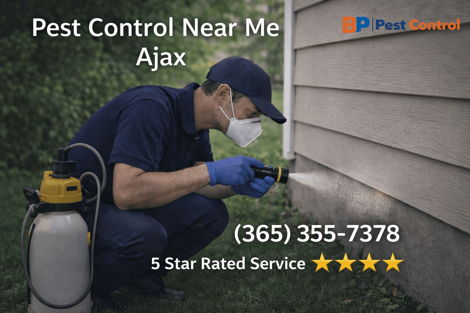 Pest control technician applying treatment to home exterior in Ajax with BP Pest Control branding, promoting pest control near me Ajax with phone number and 5-star rating.