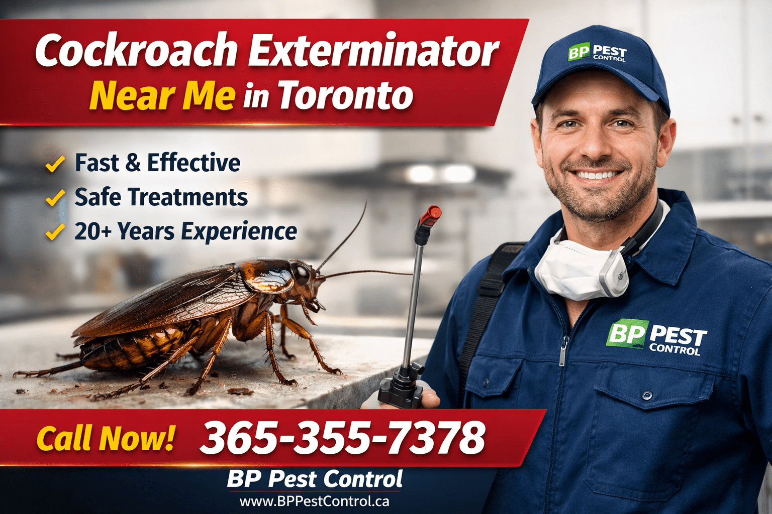 cockroach exterminator near me Toronto service by BP Pest Control with professional roach treatment and phone number 365-355-7378