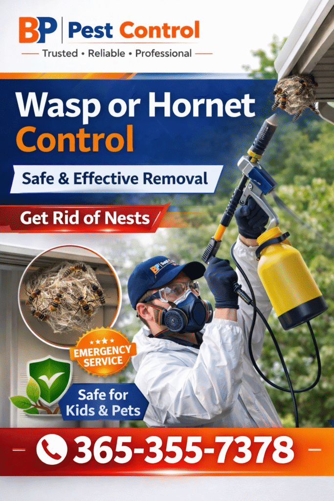Wasp removal service by BP Pest Control features a professional technician removing the nest using a safe treatment. For expert wasp removal and immediate assistance, call 365-355-7378 today.