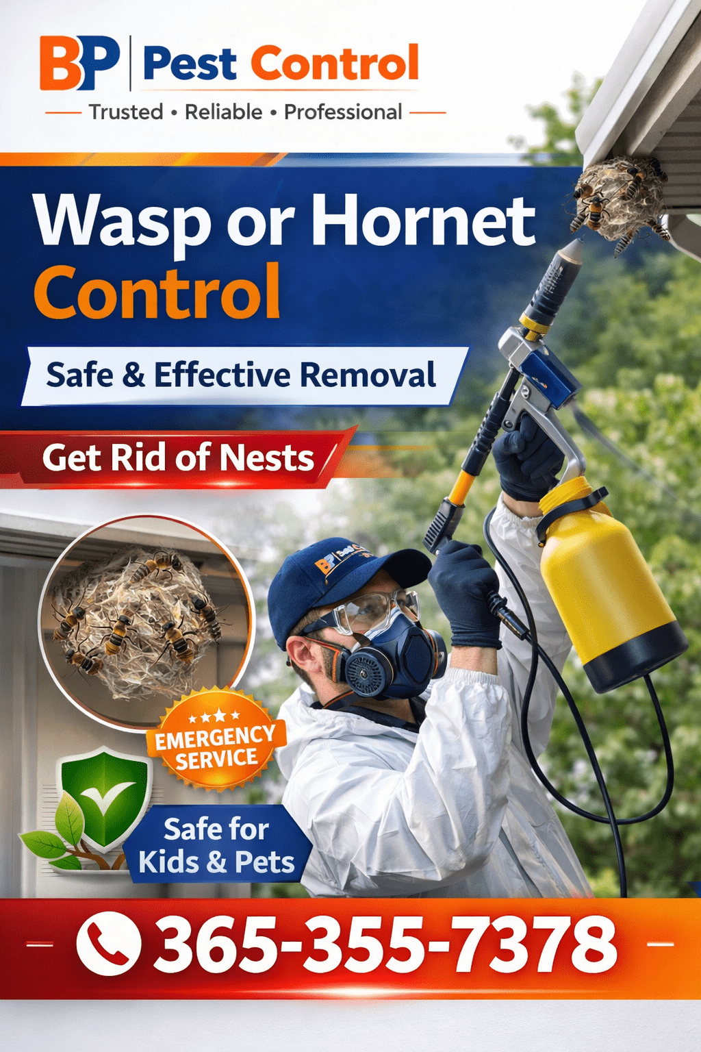 Wasp removal service by BP Pest Control features a professional technician removing the nest using a safe treatment. For expert wasp removal and immediate assistance, call 365-355-7378 today.