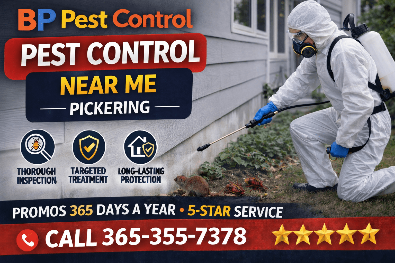 pest control near me Pickering technician spraying home exterior with mouse and cockroach visible near foundation