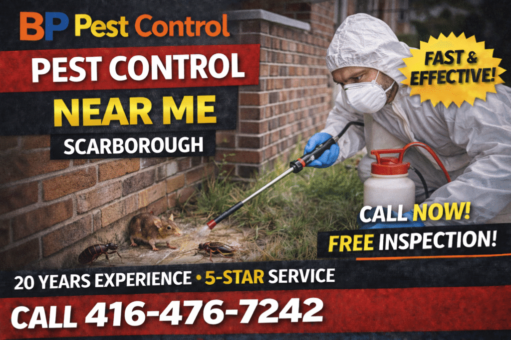 Pest control near me Scarborough service by BP Pest Control showing technician performing pest control treatment with phone number and 5-star rating.