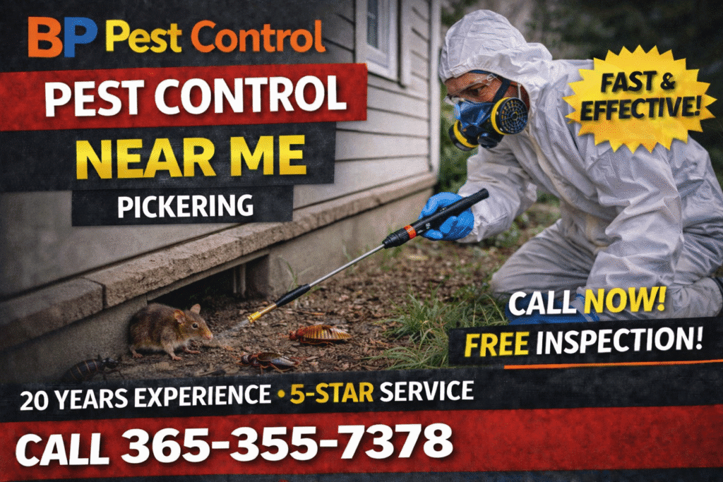 Pest control near me Pickering service by BP Pest Control showing technician applying pest treatment around home exterior with pests present, phone number and 5-star service.