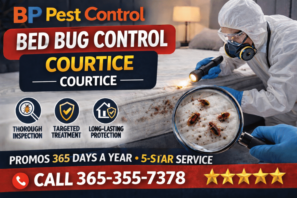 bed bug control near me Courtice technician inspecting mattress with flashlight and bed bugs visible on bed surface