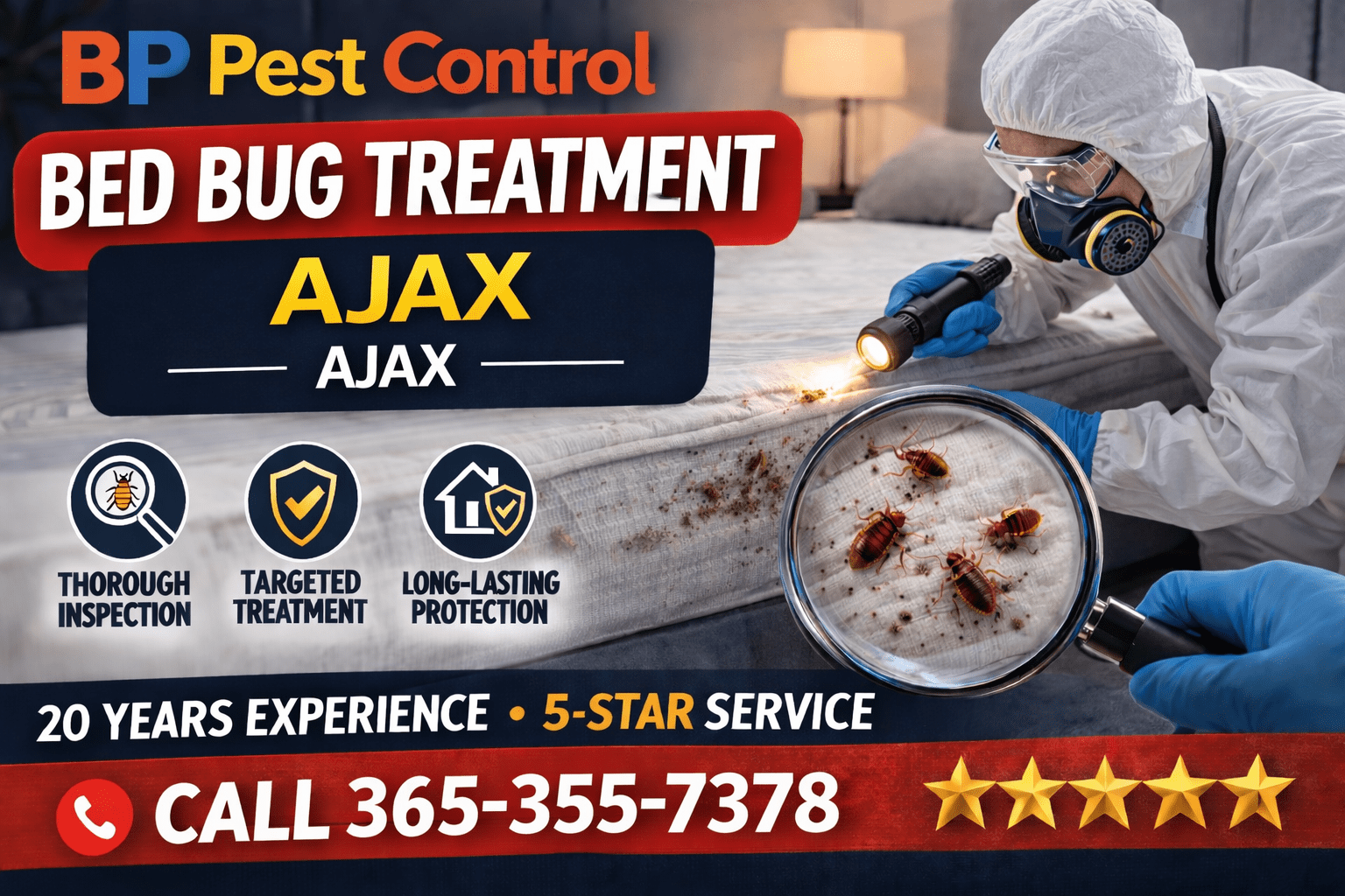bed bug treatment near me Ajax technician inspecting mattress with flashlight and bed bugs visible on bed surface
