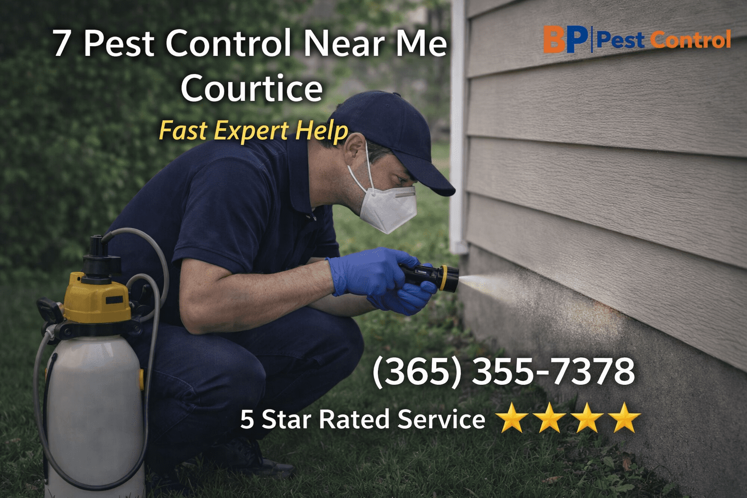 Pest control technician spraying home foundation in Courtice with BP Pest Control branding, showing pest control near me Courtice, phone number, and 5-star rating.