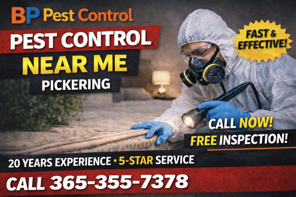 Pest control technician inspecting bed with BP Pest Control branding, advertising pest control near me Pickering with phone number and 5-star service.