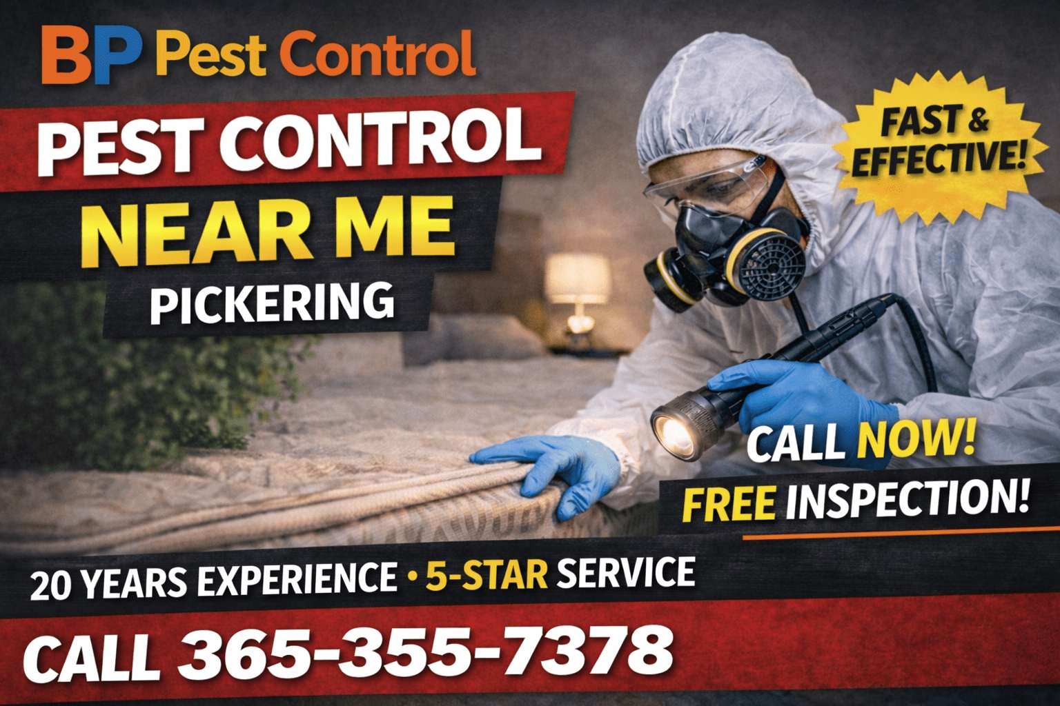 Pest control technician inspecting bed with BP Pest Control branding, advertising pest control near me Pickering with phone number and 5-star service.