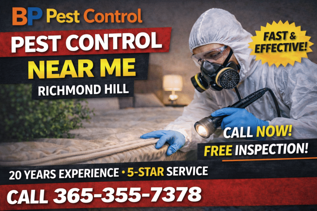 Pest control technician inspecting bed with BP Pest Control branding, promoting pest control near me Richmond Hill with phone number and 5-star service.