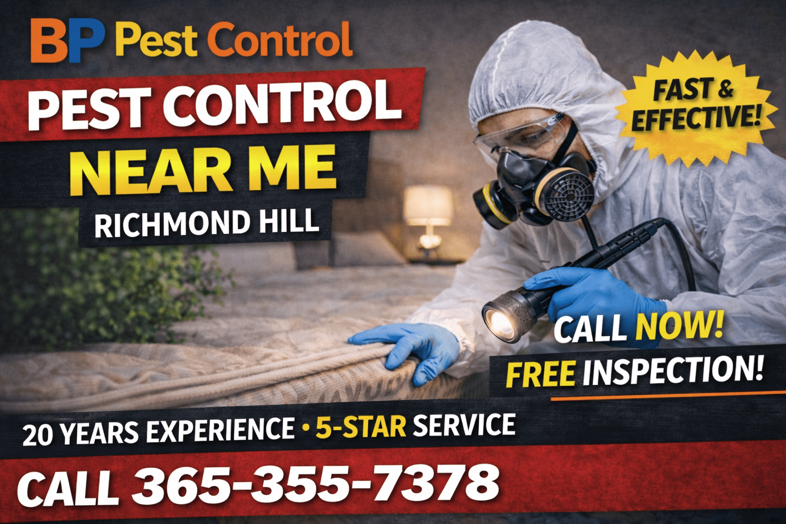 Pest control technician inspecting bed with BP Pest Control branding, promoting pest control near me Richmond Hill with phone number and 5-star service.