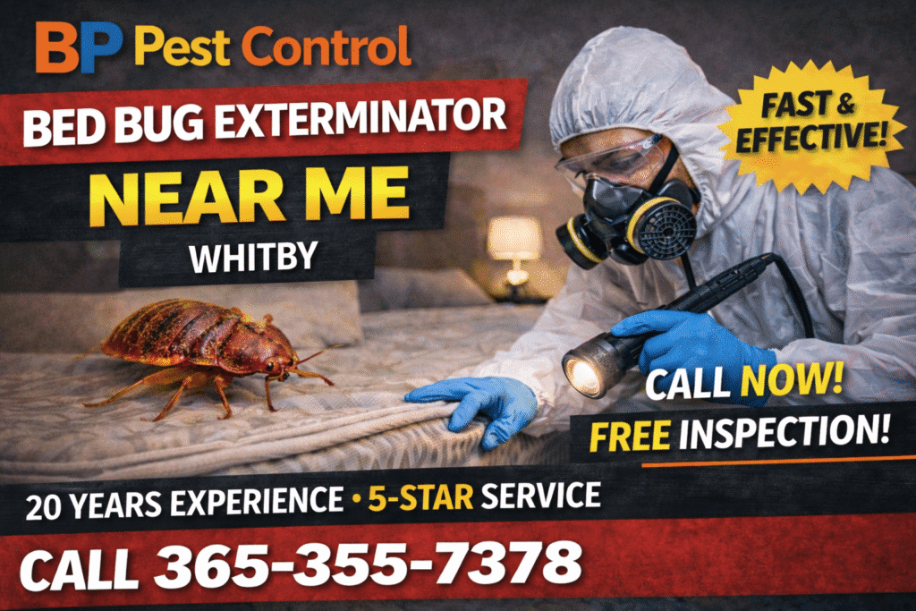Bed bug exterminator near me Whitby service by BP Pest Control showing technician inspecting mattress with bed bugs, phone number and 5-star rating.