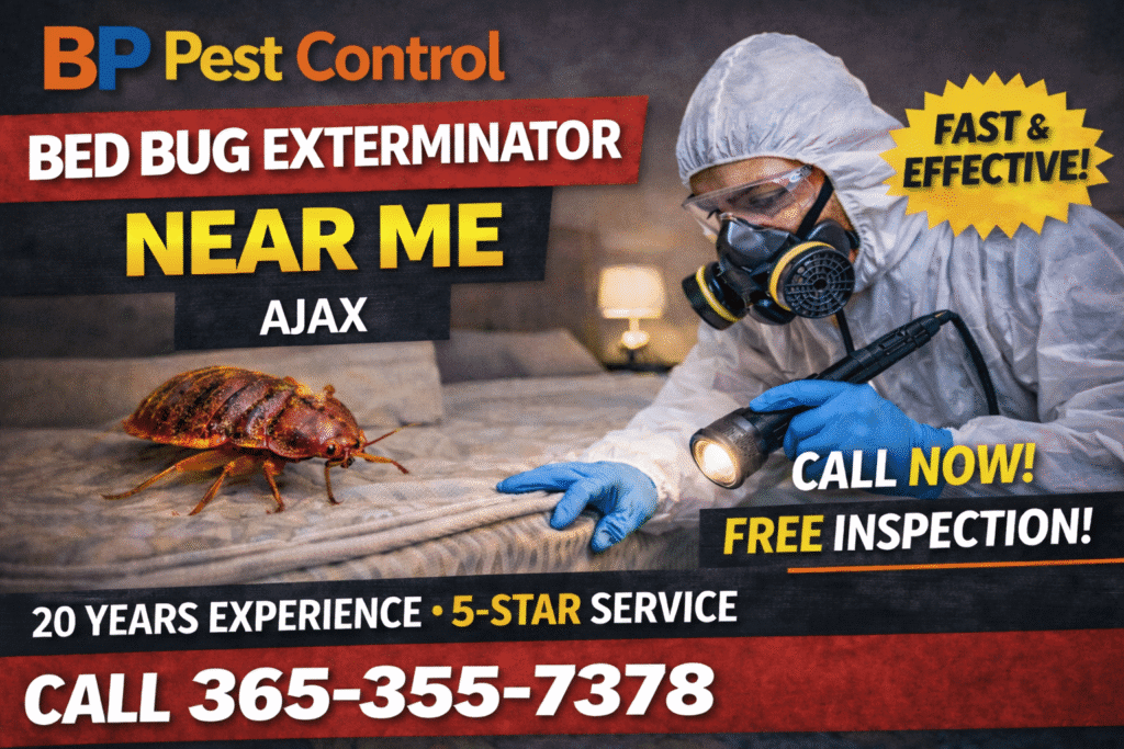 Bed bug exterminator near me Ajax service by BP Pest Control showing technician inspecting mattress with bed bugs, phone number and 5-star rating.