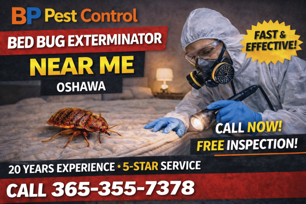 Bed bug exterminator near me Oshawa service by BP Pest Control showing technician inspecting mattress with bed bugs, phone number and 5-star rating.