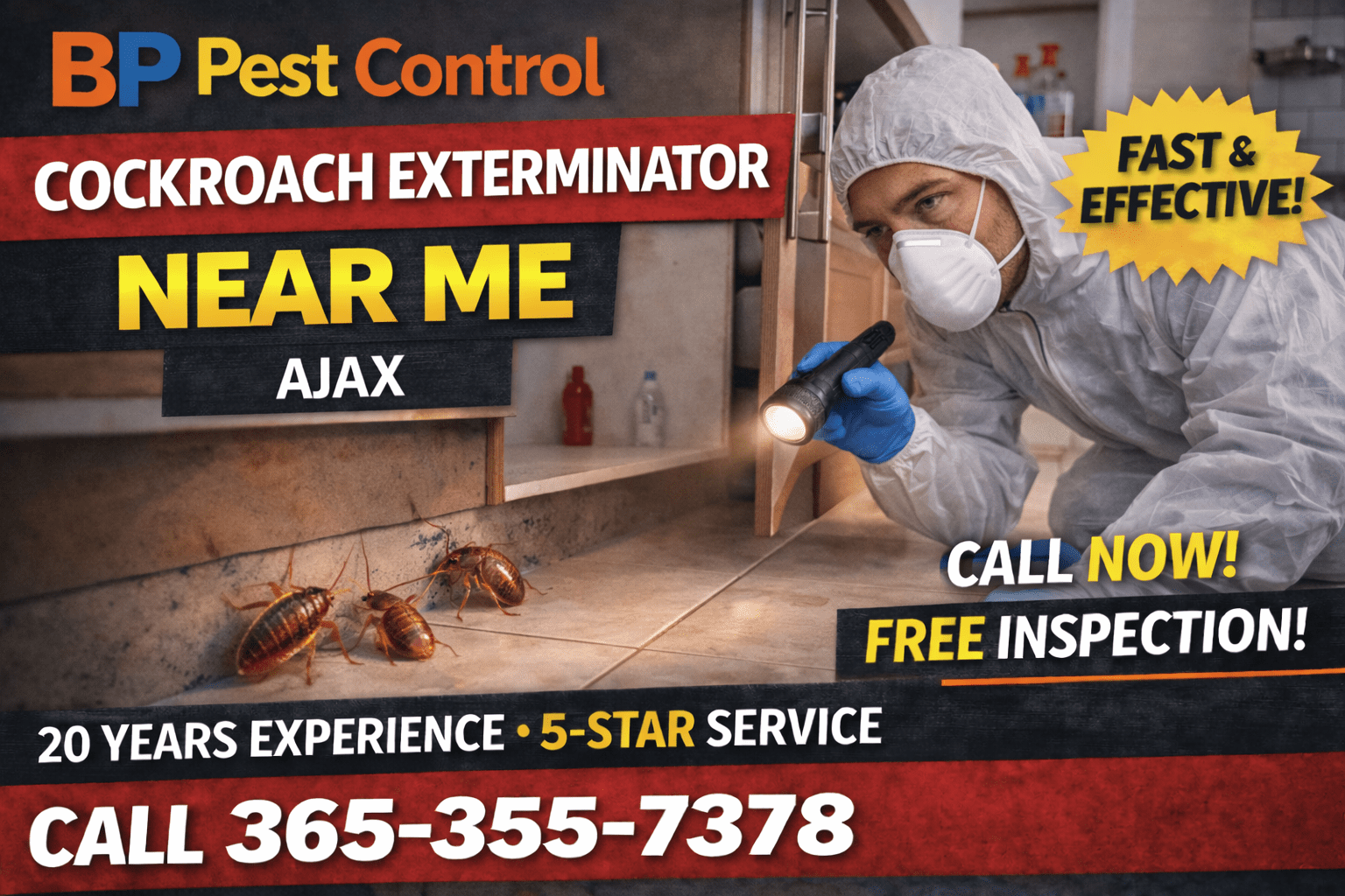 Cockroach exterminator near me Ajax service by BP Pest Control showing technician inspecting kitchen cabinet with cockroaches, phone number and 5-star rating.