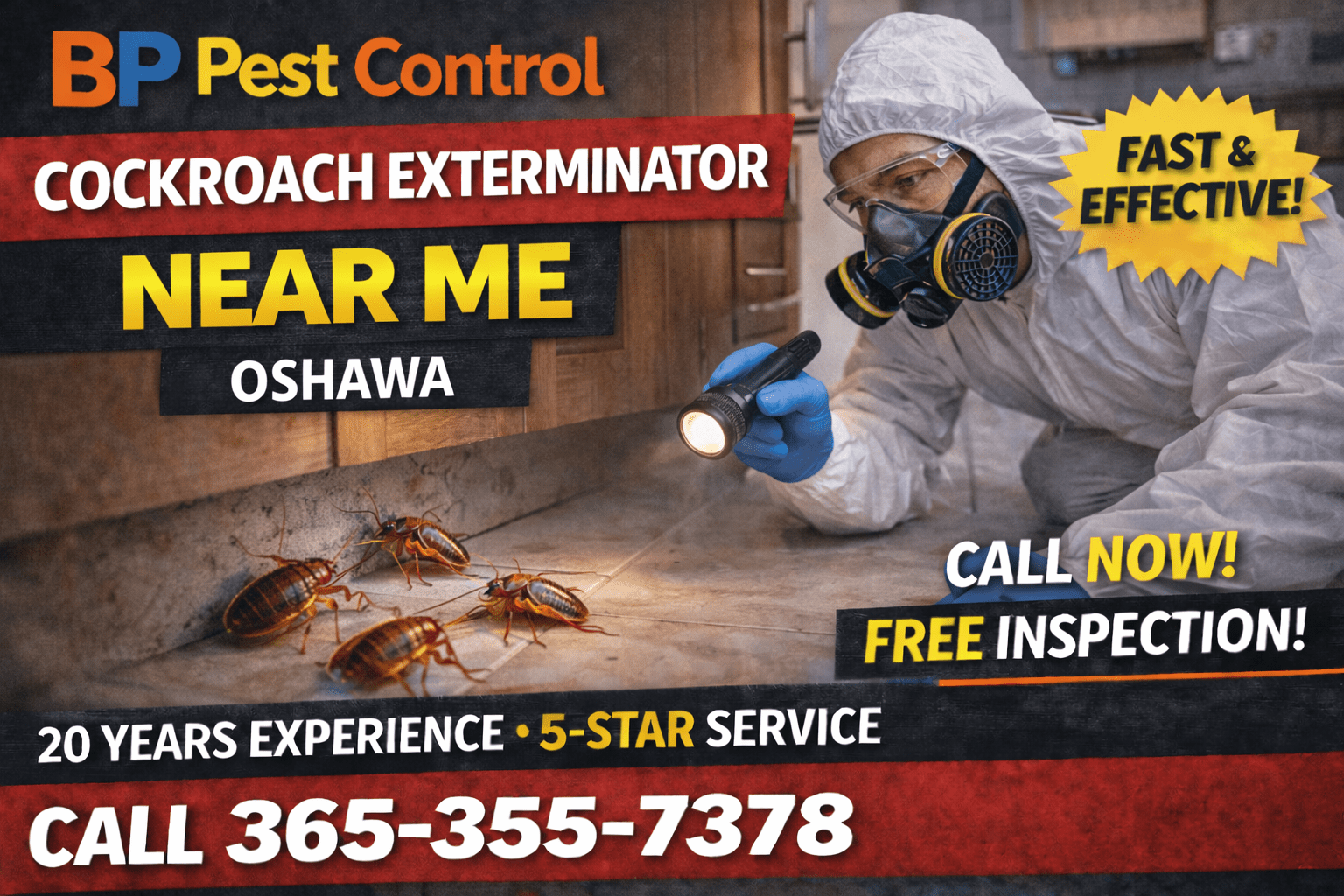 Cockroach exterminator near me Oshawa service by BP Pest Control showing technician inspecting kitchen floor with cockroaches, phone number and 5-star rating.