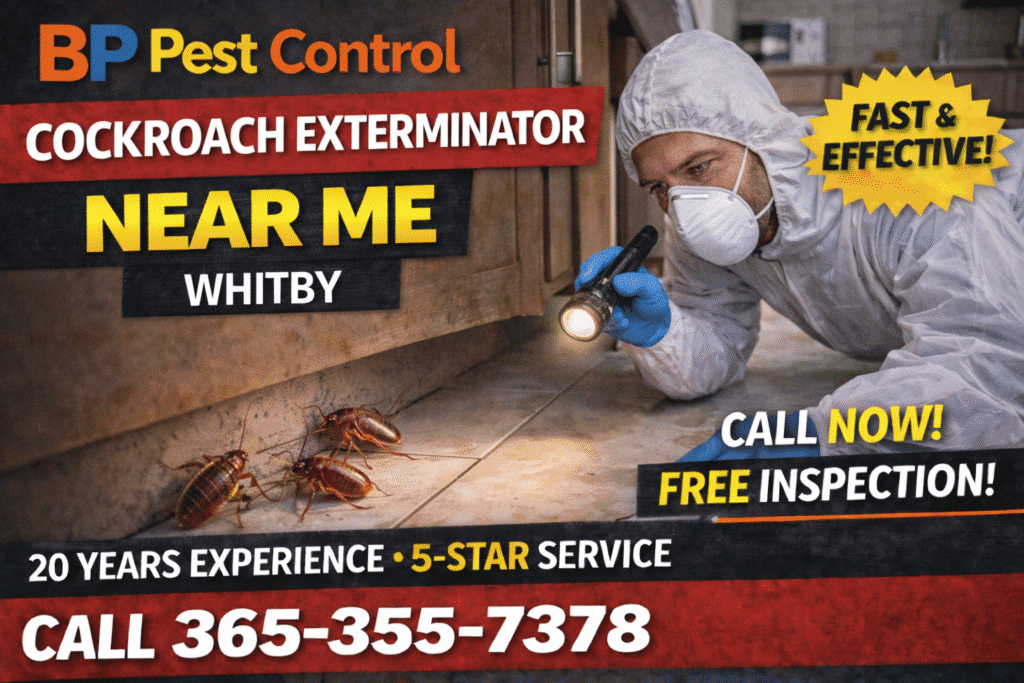Cockroach exterminator near me Whitby service by BP Pest Control showing technician inspecting kitchen area with cockroaches, phone number and 5-star rating.