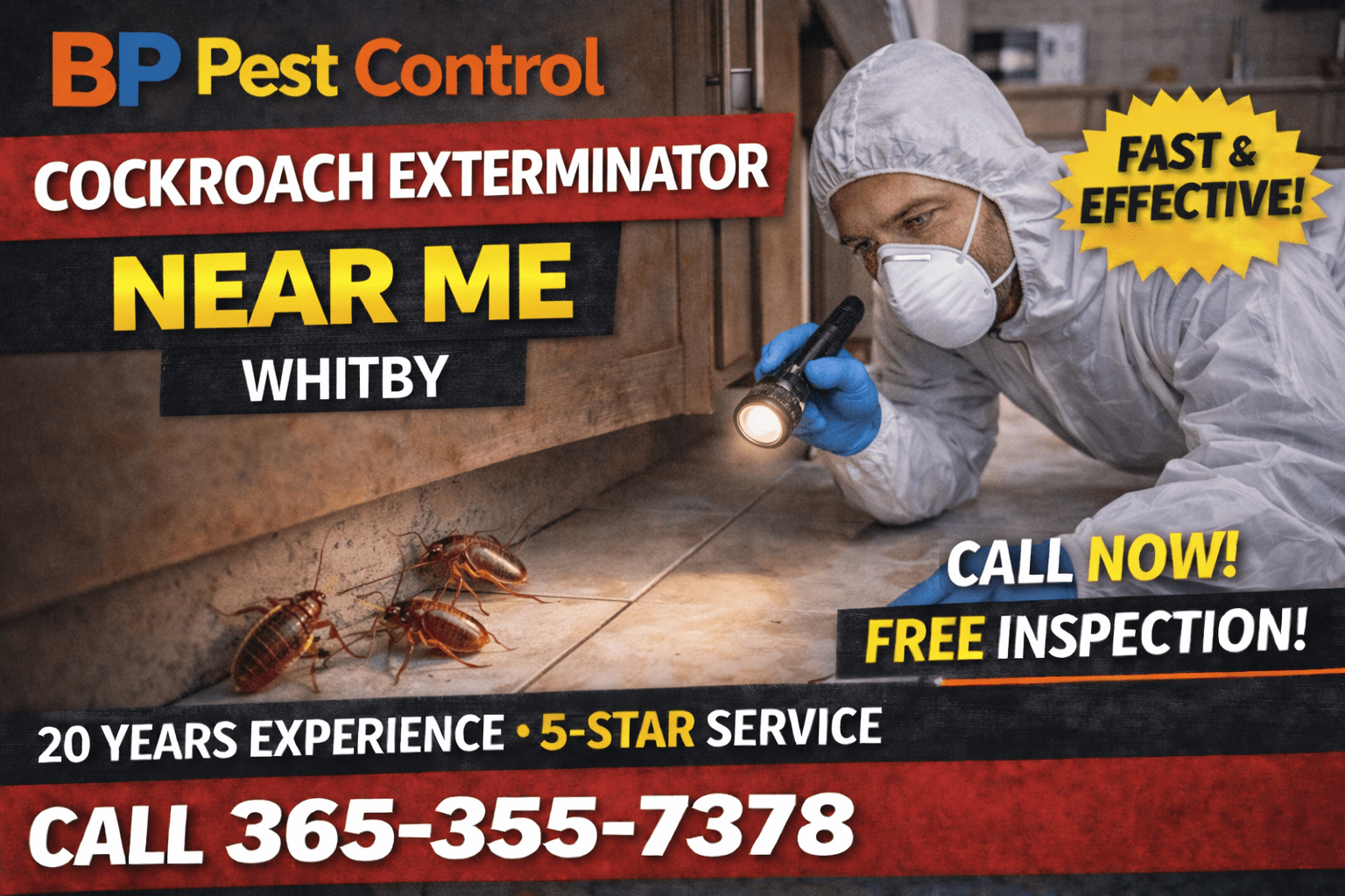 Cockroach exterminator near me Whitby service by BP Pest Control showing technician inspecting kitchen area with cockroaches, phone number and 5-star rating.