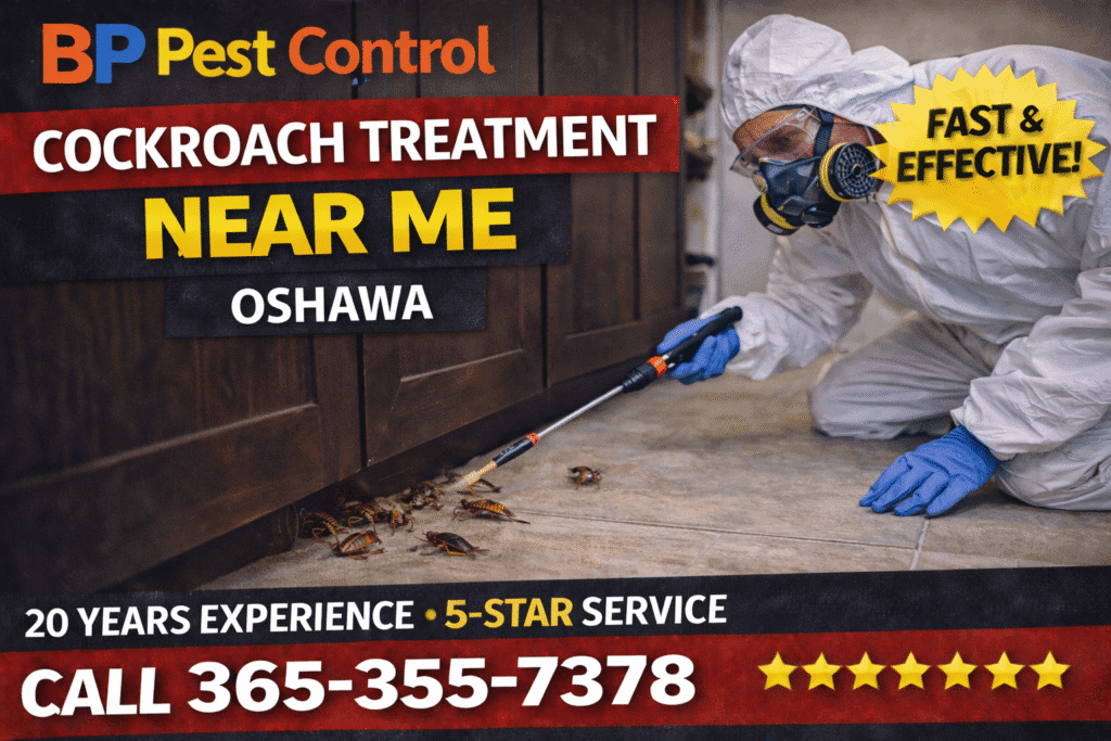 cockroach treatment near me Oshawa technician in protective gear spraying kitchen cabinets with cockroaches visible on floor