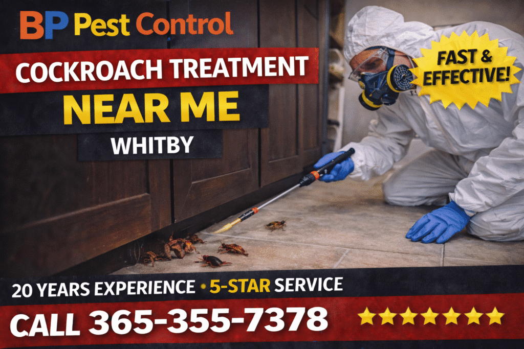 cockroach treatment near me Whitby technician in protective gear spraying kitchen floor with cockroaches visible near cabinets