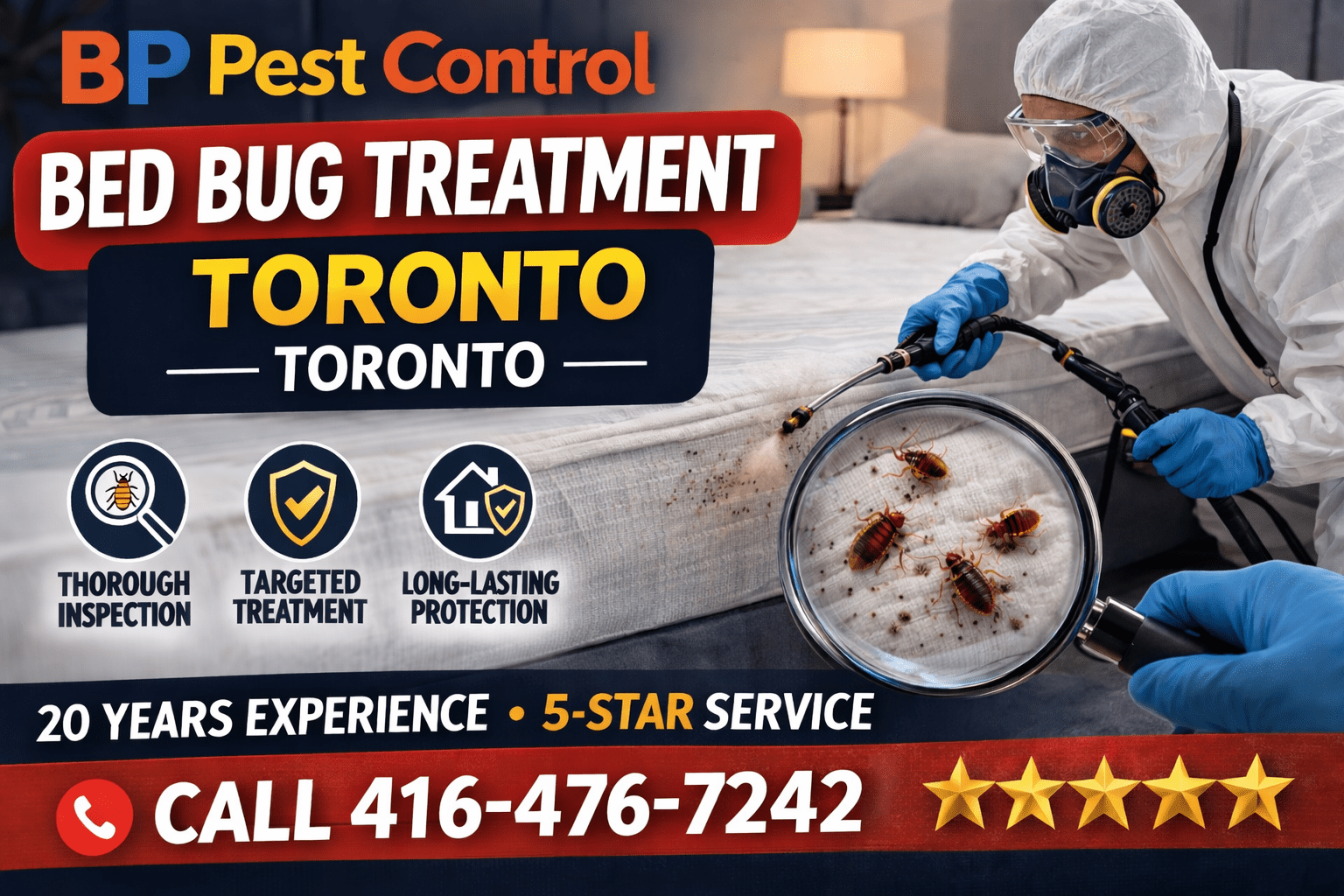 bed bug treatment near me Toronto technician in protective gear spraying mattress with bed bugs visible under magnifying glass
