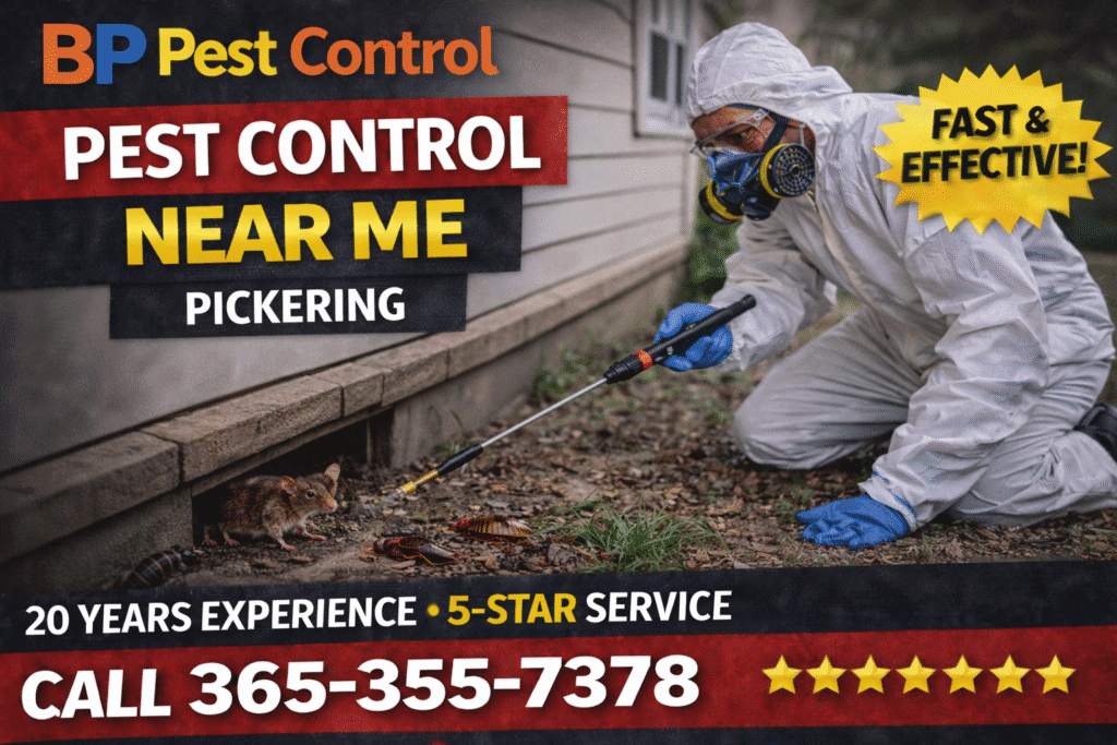 pest control near me Pickering technician in protective gear spraying home exterior with mouse and cockroaches visible near foundation