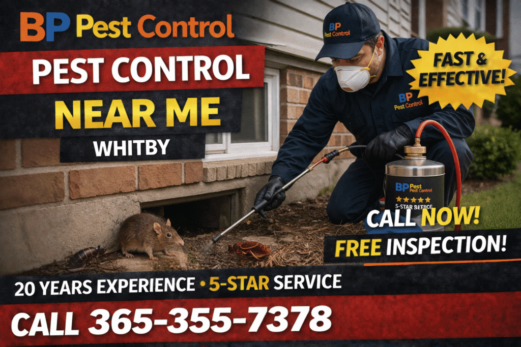 Pest control near me Whitby service by BP Pest Control showing technician spraying exterior foundation with visible pests, phone number and 5-star rated service.