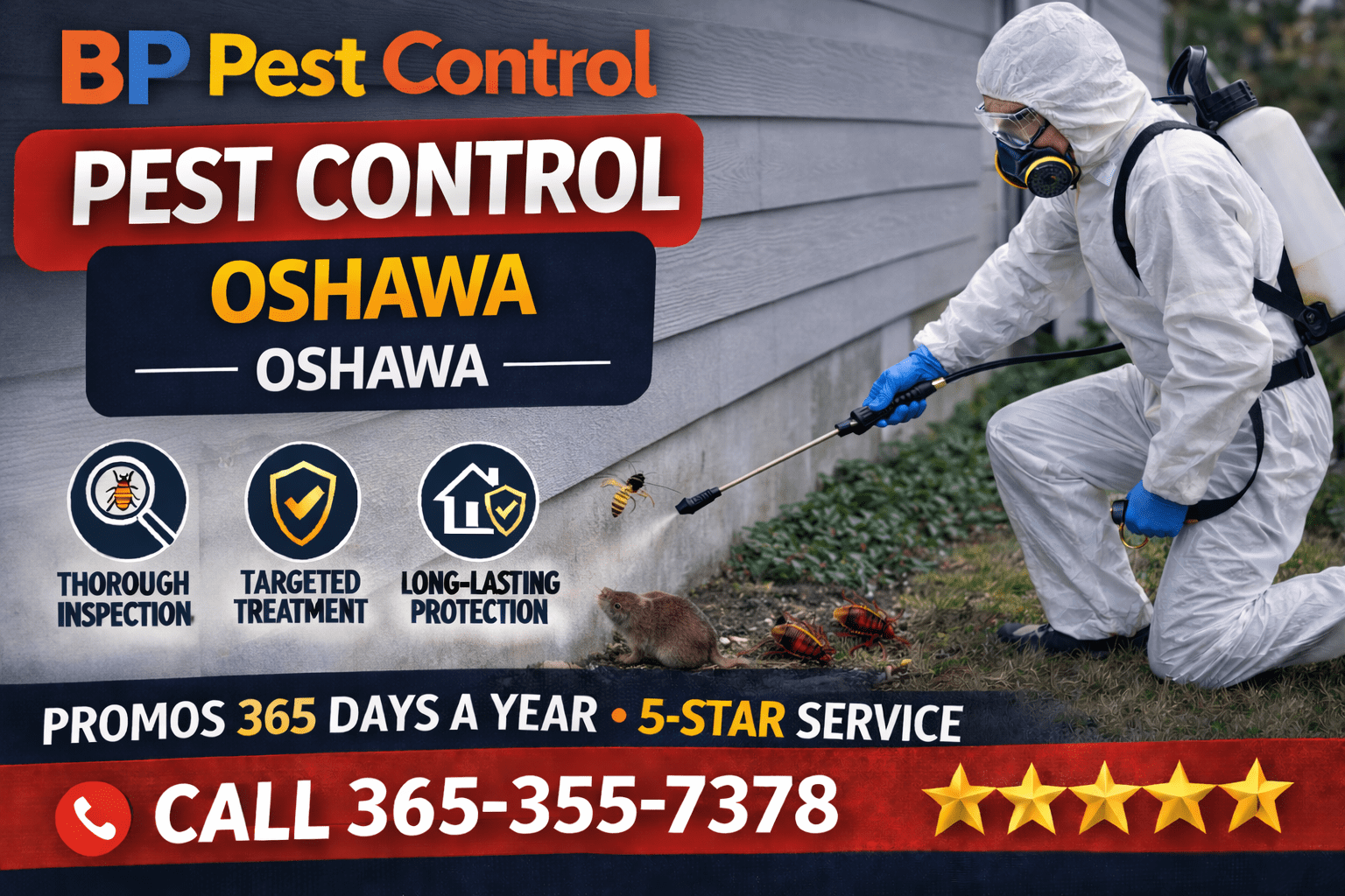 pest control near me Oshawa technician spraying home exterior with rodent and insects visible near foundation
