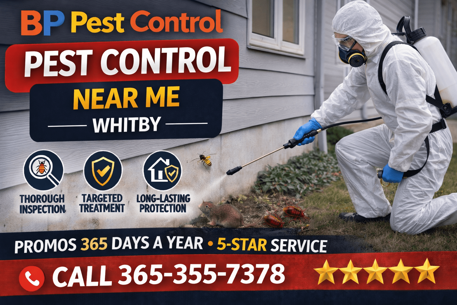 pest control near me Whitby technician spraying home exterior with rodent and insects visible near foundation